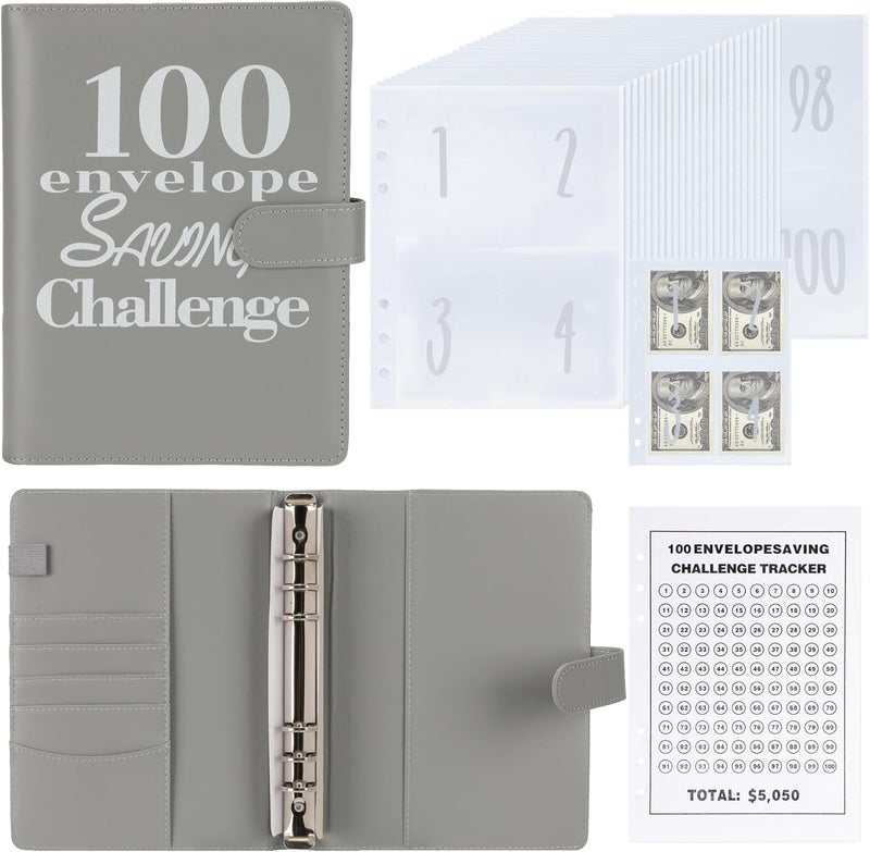 NICOOTH 100 Envelopes Money Saving Binder A5 Savings Challenge Book (A5full Grey) - Image 1